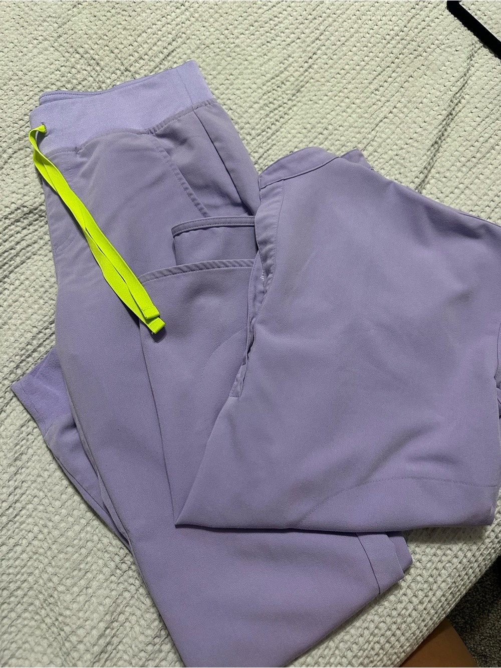 FIGS Lavender Scrub Top with Neon Yellow Drawstring Accent